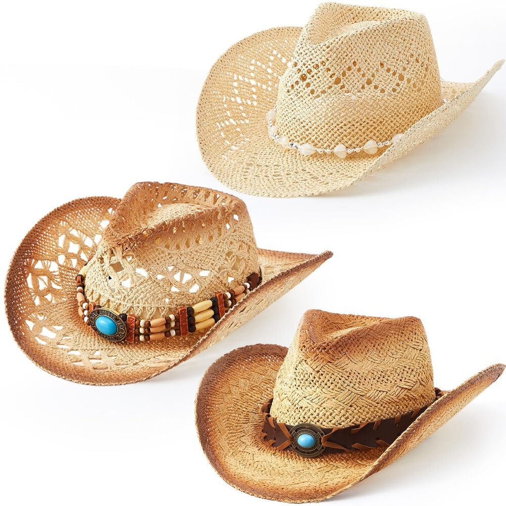 8766 3 Pack Straw Cowboy Hats For Women Men Western Style Adjustable Band